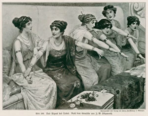 Women giving the signal for death of a defeated gladiator in the Roman arena (litho)