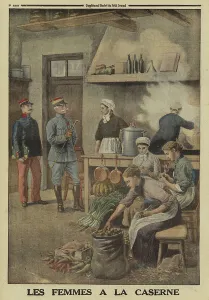 1914 1918 Wwi Ww One Gallery: Women preparing food in the kitchens of a French army barracks, World War I, 1916 (colour litho)