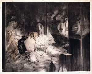 Three Women Relaxing by a Screen, (etching and drypoint)