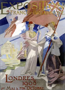 Two women, symbol of France and England, shake hands. Poster by Albert Maignan (1908 Two women, symbol of France and England, shake hands. Poster by Albert Maignan (1908