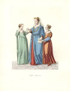5855307 Women of Venice, 16th century by Lechevallier-Chevignard, Edmond (1825-1902); (add.info.: Women of Venice, 16th century, with bags of silkworm eggs. Long dresses over underdresses, open to the bosom, long sleeves, lace collar.
Handcolored illustration by E. Lechevallier-Chevignard, lithographed by A. Didier, L. Flameng, F. Laguillermie, from Georges Duplessis's 'Costumes historiques des XVIe, XVIIe et XVIIIe siecles' (Historical costumes of the 16th, 17th and 18th centuries), Paris 1867. The book was a continuation of the series on the costumes of the 12th to 15th centuries published by Camille Bonnard and Paul Mercuri from 1830. Georges Duplessis (1834-1899) was curator of the Prints department at the Bibliotheque nationale. Edmond Lechevallier-Chevignard (1825-1902) was an artist, book illustrator, and interior designer for many public buildings and churches. He was named professor at the National School of Decorative Arts in 1874.); © Florilegius Women of Venice, 16th century
