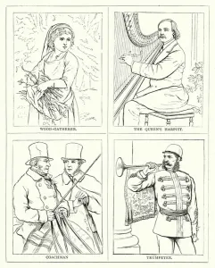 Wood-gatherer, The Queen's harpist, Coachman, Trumpeter (engraving) Wood-gatherer, The Queen's harpist, Coachman, Trumpeter (engraving)