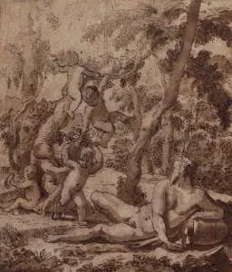 A Wooded Landscape with a River God and Putti (pen and ink) A Wooded Landscape with a River God and Putti (pen and ink)