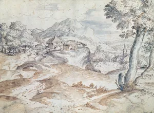Wooded landscape with village and church (wash & ink on paper) Wooded landscape with village and church (wash & ink on paper)