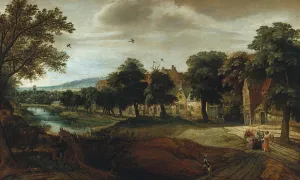 A wooded river landscape with village buildings and Abraham and the Three Angels A wooded river landscape with village buildings and Abraham and the Three Angels