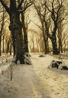 Artist Danish Gallery: A Wooded Winter Landscape with Deer, 1912 (oil on canvas)