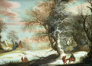 Wooded winter landscape with Flight into Egypt