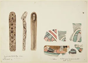 Wooden and pottery objects all decorated, from the Sacred Cenote, Chichen Itza, Yucatan Wooden and pottery objects all decorated, from the Sacred Cenote, Chichen Itza, Yucatan