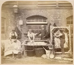 Workers making sheepskin rugs, c.1861-62 (sepia photo) (see also 221845) Workers making sheepskin rugs, c.1861-62 (sepia photo) (see also 221845)
