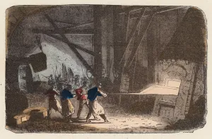 Working with iron in a furnace (coloured engraving) Working with iron in a furnace (coloured engraving)