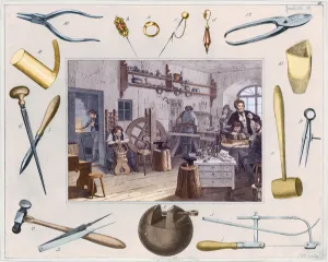 Workshop and main tools of jewellery, 1810 (engraving) Workshop and main tools of jewellery, 1810 (engraving)