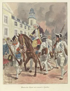 The wounded General Montcalm is brought back to Quebec, 1759 (colour litho) The wounded General Montcalm is brought back to Quebec, 1759 (colour litho)