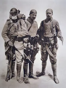1914 1918 Gallery: WWI French soldiers wearing crude body armour, 1914-18 (litho)