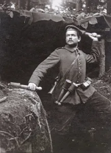 WWI German grenadier armed with stick grenades, 1915 (b/w photo) WWI German grenadier armed with stick grenades, 1915 (b/w photo)