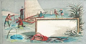 Yachting, Fishing and Skating on ice, Christmas Card (chromolitho)