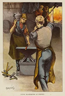 Young blacksmiths at Dr Barnardo's children's home, Stepney Causeway, London (chromolitho) Young blacksmiths at Dr Barnardo's children's home, Stepney Causeway, London (chromolitho)
