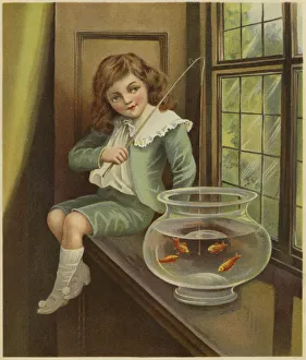 A young boy dangling a fishing rod into a bowl of goldfish (colour litho) A young boy dangling a fishing rod into a bowl of goldfish (colour litho)