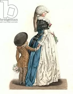 Young French woman with a little boy, 18th century, by an engraving by Philibert Debucourt (1755-1832)