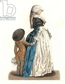 Young French woman with a little boy, 18th century, by an engraving by Philibert Debucourt (1755-1832) Young French woman with a little boy, 18th century, by an engraving by Philibert Debucourt (1755-1832)