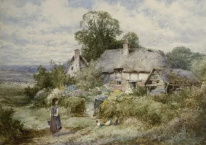 Young Girl Feeding Chickens Outside a Cottage, (pencil and watercolour with touches of white heightening) Young Girl Feeding Chickens Outside a Cottage, (pencil and watercolour with touches of white heightening)