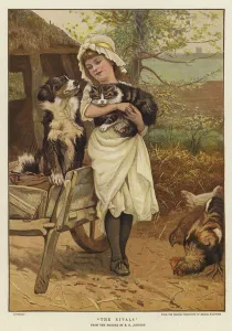 A young girl holding a cat in her arms alongside a dog (colour litho) A young girl holding a cat in her arms alongside a dog (colour litho)