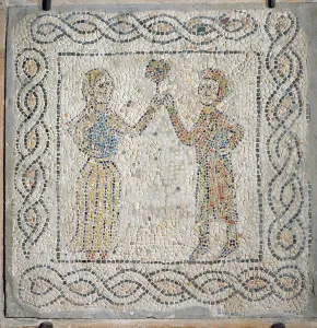A young girl offers a rose to her beloved, 1213 (mosaic) A young girl offers a rose to her beloved, 1213 (mosaic)
