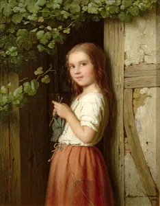 Young Girl Standing in a Doorway Knitting, 1863 (oil on canvas) Young Girl Standing in a Doorway Knitting, 1863 (oil on canvas)