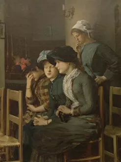 Young girls at church (oil on canvas)