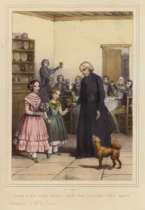 Two young girls offering flowers to a priest (colour litho) Two young girls offering flowers to a priest (colour litho)