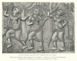 Young girls picking flowers in a garden, bas-relief from Angkor, Cambodia (engraving) Young girls picking flowers in a garden, bas-relief from Angkor, Cambodia (engraving)