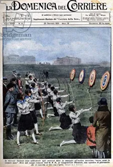 Young Italian girls practice archery. Illustration of Beltrame. La Domenica del Corriere Young Italian girls practice archery. Illustration of Beltrame. La Domenica del Corriere