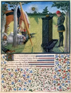 A young knight stands before a gravestone while his servant sleeps near their horses A young knight stands before a gravestone while his servant sleeps near their horses