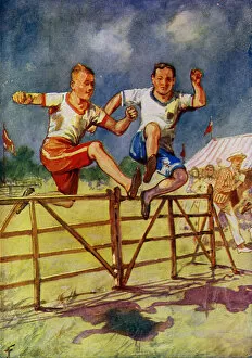 Young men competing in a steeplechase (colour litho)