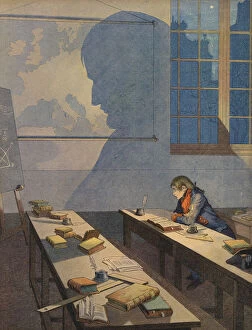 Emperors Collection: The young Napoleon Bonaparte studying (colour litho)