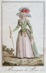 Young Parisian Bourgeois Woman in a walking dress, 1787 (coloured engraving) Young Parisian Bourgeois Woman in a walking dress, 1787 (coloured engraving)