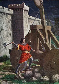 A young soldier sabotages on nights the catapults of the saracens during the siege of Salerno by the muslims, Italy A young soldier sabotages on nights the catapults of the saracens during the siege of Salerno by the muslims, Italy