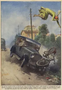 Chauffeuress Gallery: A young teacher, who arrived by bicycle near the Ticino village in Pavia, was hit... (colour litho)