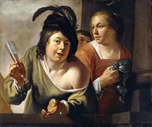 Drinking Utensil Gallery: A Young Toper and a Serving Maid Drinking on a Balcony, (oil on canvas)