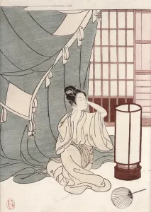 Young woman kneeling by her mosquito net, 1766 (colour woodblock print) Young woman kneeling by her mosquito net, 1766 (colour woodblock print)