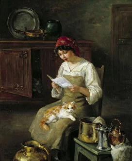 Crockery Gallery: Young woman reading a letter. Painting by Marie-Yvonne Laur Dite Yo (1879-1943), 19th century