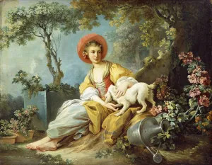 A Young Woman Seated with a Dog and a Watering Can in a Garden, (oil on canvas) A Young Woman Seated with a Dog and a Watering Can in a Garden, (oil on canvas)