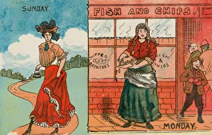 Young woman, in Sunday best and back to work on Monday (colour litho) Young woman, in Sunday best and back to work on Monday (colour litho)