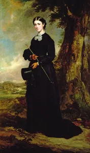 Young woman wearing a black riding habit and standing in a landscape Young woman wearing a black riding habit and standing in a landscape