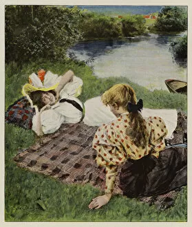 Amitie Gallery: Two young women relaxing on a riverbank discussing being in love (colour litho)