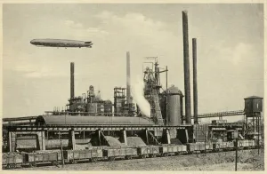 Zeppelin flying over an iron and steel works near Ostrava, Czechoslovakia (b/w photo) Zeppelin flying over an iron and steel works near Ostrava, Czechoslovakia (b/w photo)