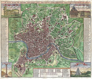1721, John Senex Map of Rome, topography, cartography, geography, land, illustration 1721, John Senex Map of Rome, topography, cartography, geography, land, illustration