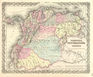 1855, Colton Map of Columbia, Venezuela and Ecuador, topography, cartography, geography 1855, Colton Map of Columbia, Venezuela and Ecuador, topography, cartography, geography