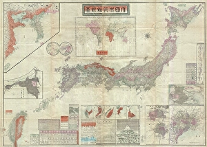 Old Antique View Gallery: 1895, Meiji 28 Japanese Map of Imperial Japan with Taiwan, topography, cartography