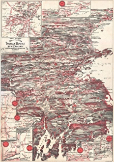 Old Antique View Gallery: 1898, Walker Trolley Map and View of New England centered on Boston, topography, cartography