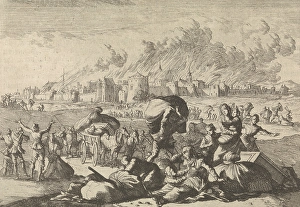 Aachen burns while residents flee, 1656, Germany Aachen burns while residents flee, 1656, Germany